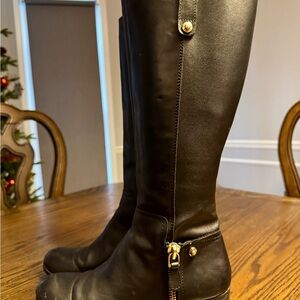 GUESS Black Knee-High Leather Boots with Gold Accents 8.5
